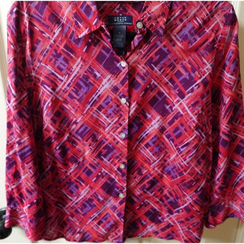 Crazy‎ Horse Liz Claiborne Red Purple Abstract Print Cotton Button Down Shirt 12 - Picture 4 of 7
